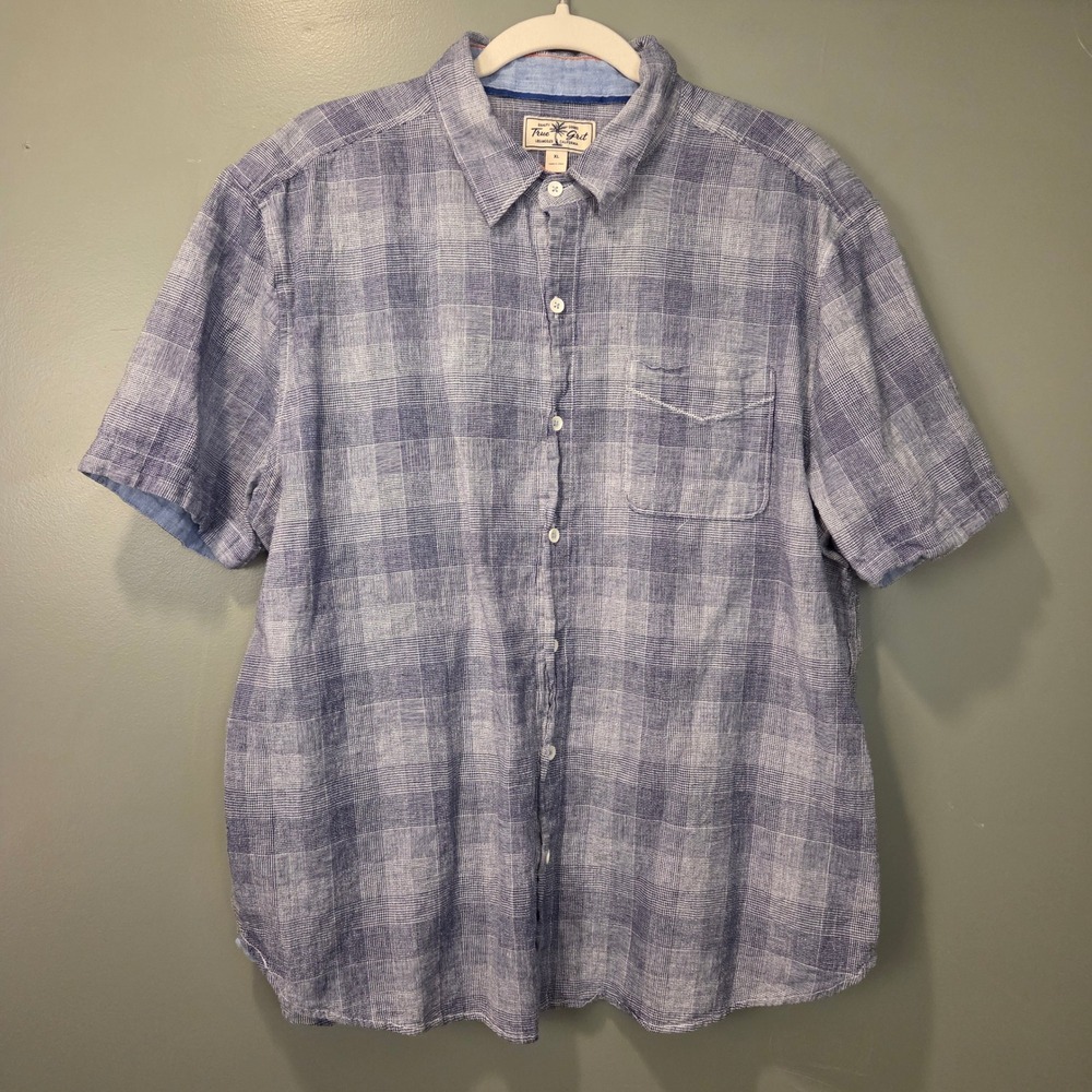 True Grit Men's Short Sleeve Button Up Shirt Size XL Blue White Linen‎ & Cotton